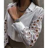 Lace Patchwork Spring Hollow Out Long Sleeve Turn-down Collar White Button Up Office Wear Blouse